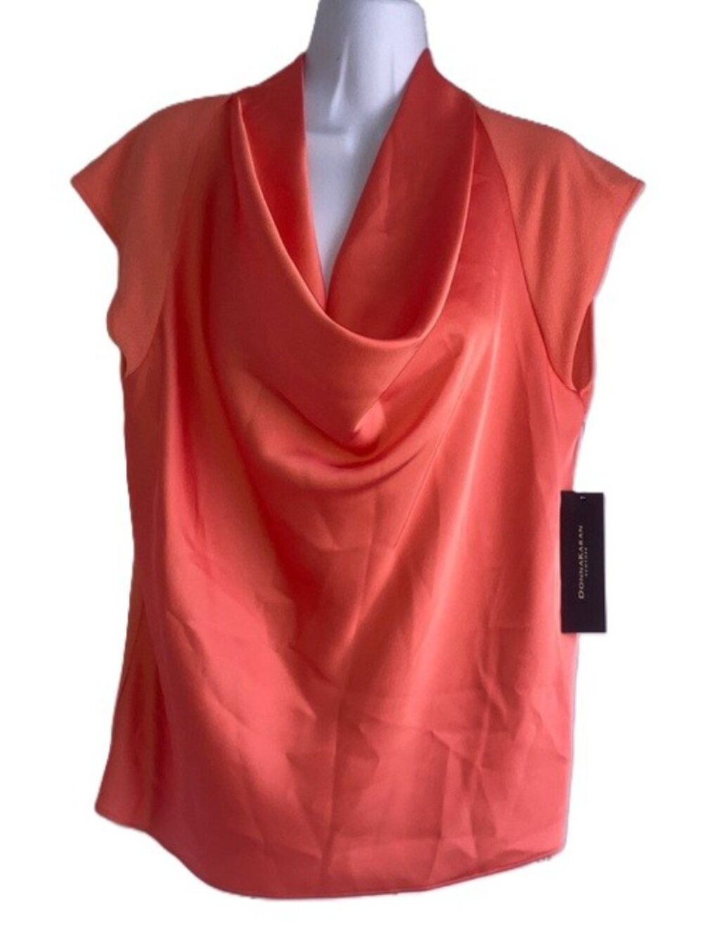 DONNA KARAN Cap Sleeve Cowl Neck Top Salamander Orange NEW Womens Medium